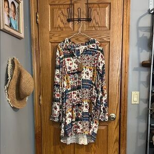 NATURAL LIFE Floral Patchwork Long Sleeve Dress - Red, Blue, White